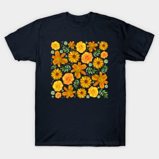 Tigerlilies, Roses, Sunflowers, Leaves, Succulents, and Flowers in Golden Orange and Yellow T-Shirt